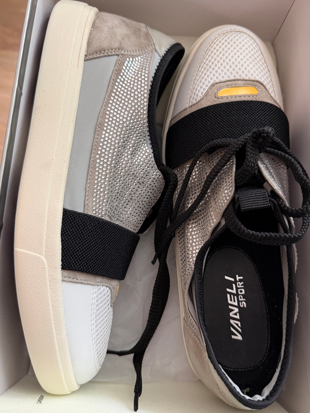 Vaneli Silver and Black Sneakers with Cream Sole. Sparkly on the sides.